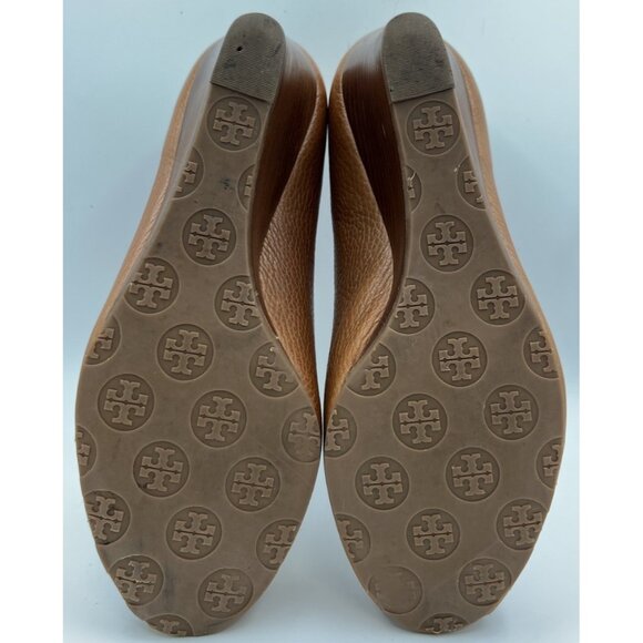 Tory Burch Brown Leather Sally Wedge Gold Logo Peep Toe Pump Women Size 10M - Picture 10 of 10
